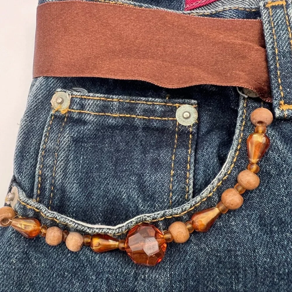 Upcycled Denim Handbag Purse Chic Beaded Pockets & Brown Ribbon FM Jeans Button - Picture 5 of 14